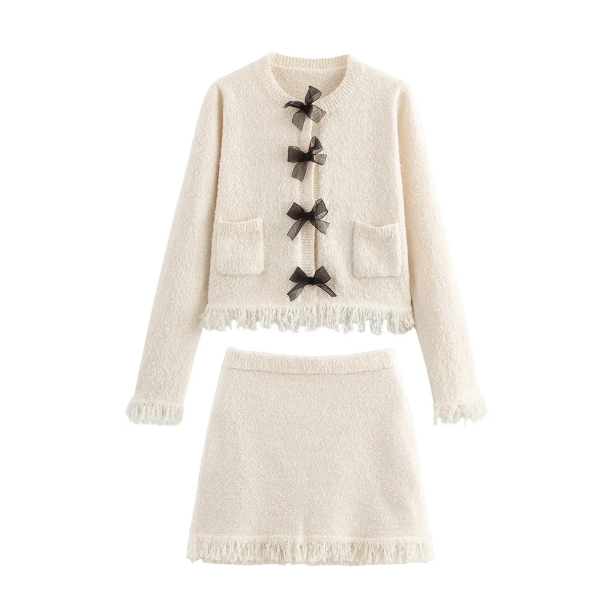 round neck long-sleeved coat and knitted mini-skirt matching women's high-waisted suit, knitted coat with bow decoration
round neck long-sleeved coat and knitted mini-skirt matching women's high-waisted suit, knitted coat with bow decoration