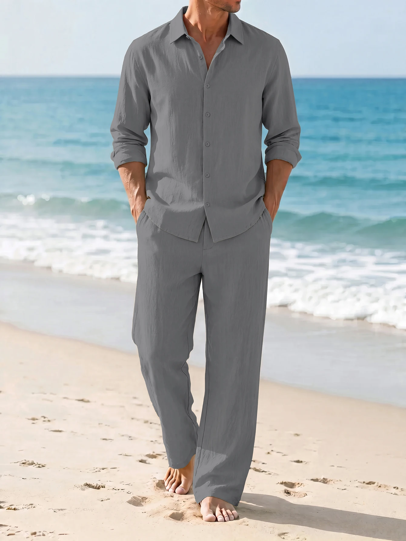 Men's Summer Linen Set: Long-Sleeve Linen Shirt & Straight-Leg Trousers, Loose & Breathable Two-Piece Outfit for Beach Vacations
Men's Summer Linen Set: Long-Sleeve Linen Shirt & Straight-Leg Trousers, Loose & Breathable Two-Piece Outfit for Beach Vacations