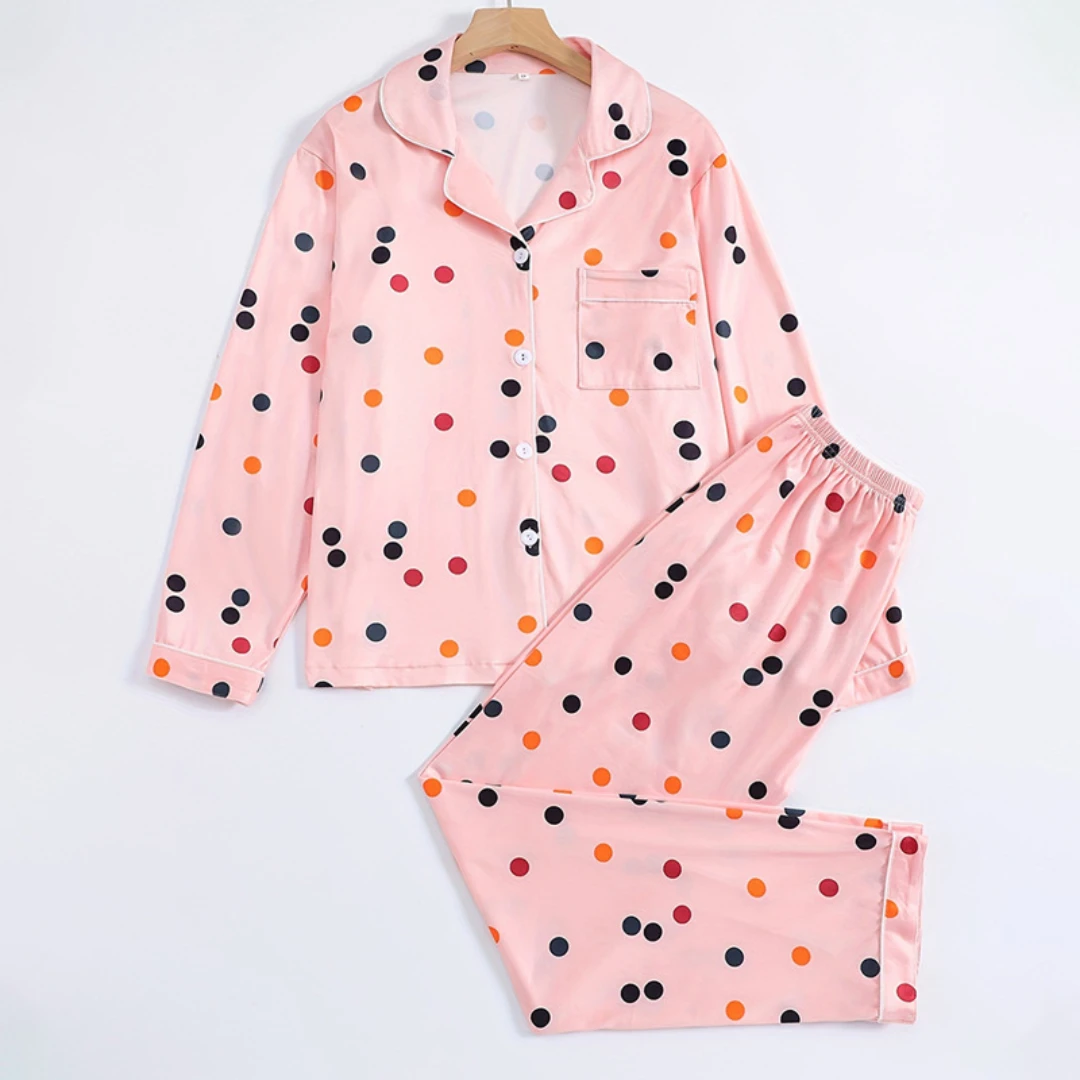 Pink Women Pajama Set Valentine's Day Themed with Colorful Dots Print Lapel Long-sleeved and Long Pants Home Wear Gifts
Pink Women Pajama Set Valentine's Day Themed with Colorful Dots Print Lapel Long-sleeved and Long Pants Home Wear Gifts