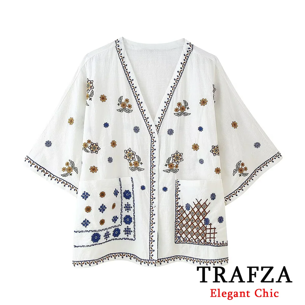 TRAFZA Casual Vacation Embroidery Shirt Women's Vintage V-Neck Pocket Loose Shirt 2025 Fashion Spring Summer Holiday Mujer Shirt
TRAFZA Casual Vacation Embroidery Shirt Women's Vintage V-Neck Pocket Loose Shirt 2025 Fashion Spring Summer Holiday Mujer Shirt