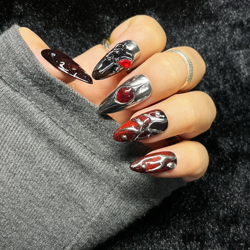 10PCS Dark Red Cat Eye Gradient French Handmade False Nail Gothic Metallic Silver Decor Almond Press on Nails Charming Fake Nail
10PCS Dark Red Cat Eye Gradient French Handmade False Nail Gothic Metallic Silver Decor Almond Press on Nails Charming Fake Nail