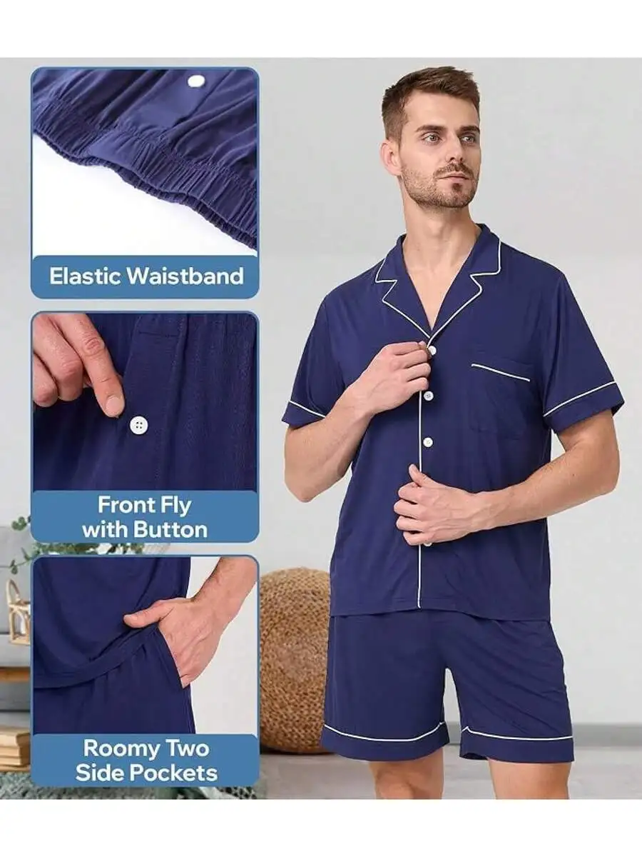 Mens Pajama Set Short Sleeve Button Down Shirt With Pocket Elastic Waist Shorts
Mens Pajama Set Short Sleeve Button Down Shirt With Pocket Elastic Waist Shorts