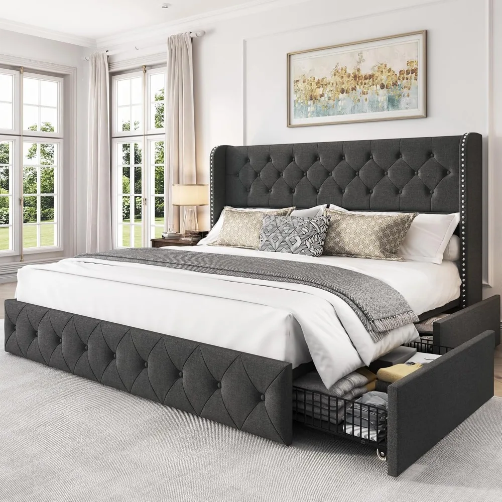 King Size Platform Bed Frame with 4 Storage Drawers and Tufted Headboard, Linen Upholstered Wing Back Bed Frame
King Size Platform Bed Frame with 4 Storage Drawers and Tufted Headboard, Linen Upholstered Wing Back Bed Frame