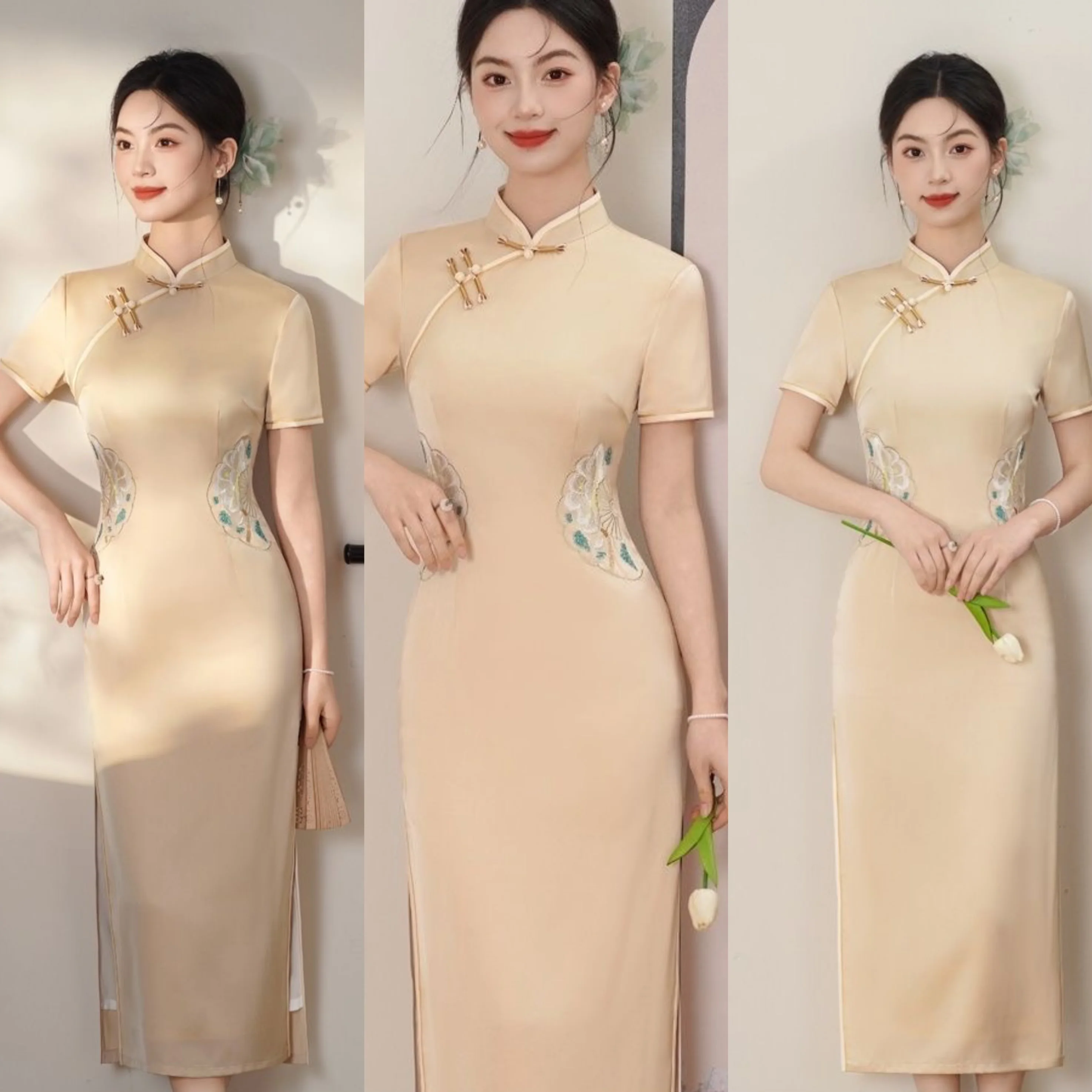 New Chinese Style Double Layer Jacquard Satin Qipao Sleeveless Mandarin Collar Embroidery Fitted Waist Cheongsam 2026 Summer
New Chinese Style Double Layer Jacquard Satin Qipao Sleeveless Mandarin Collar Embroidery Fitted Waist Cheongsam 2026 Summer