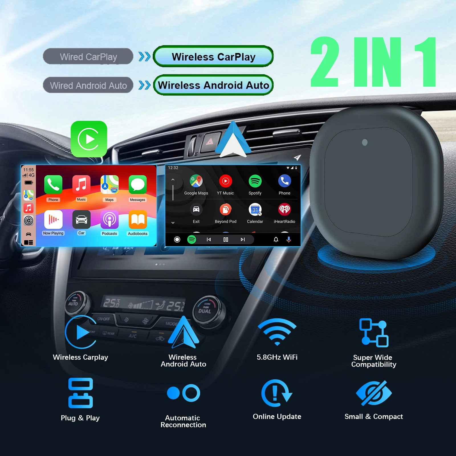 2025 Новый беспроводной адаптер CarPlay Android Auto 2 в 1 Smart Dongle для заводских проводных автомобилей Plug Play Box с обновлением BT WiFi OTA
2025 Новый беспроводной адаптер CarPlay Android Auto 2 в 1 Smart Dongle для заводских проводных автомобилей Plug Play Box с обновлением BT WiFi OTA