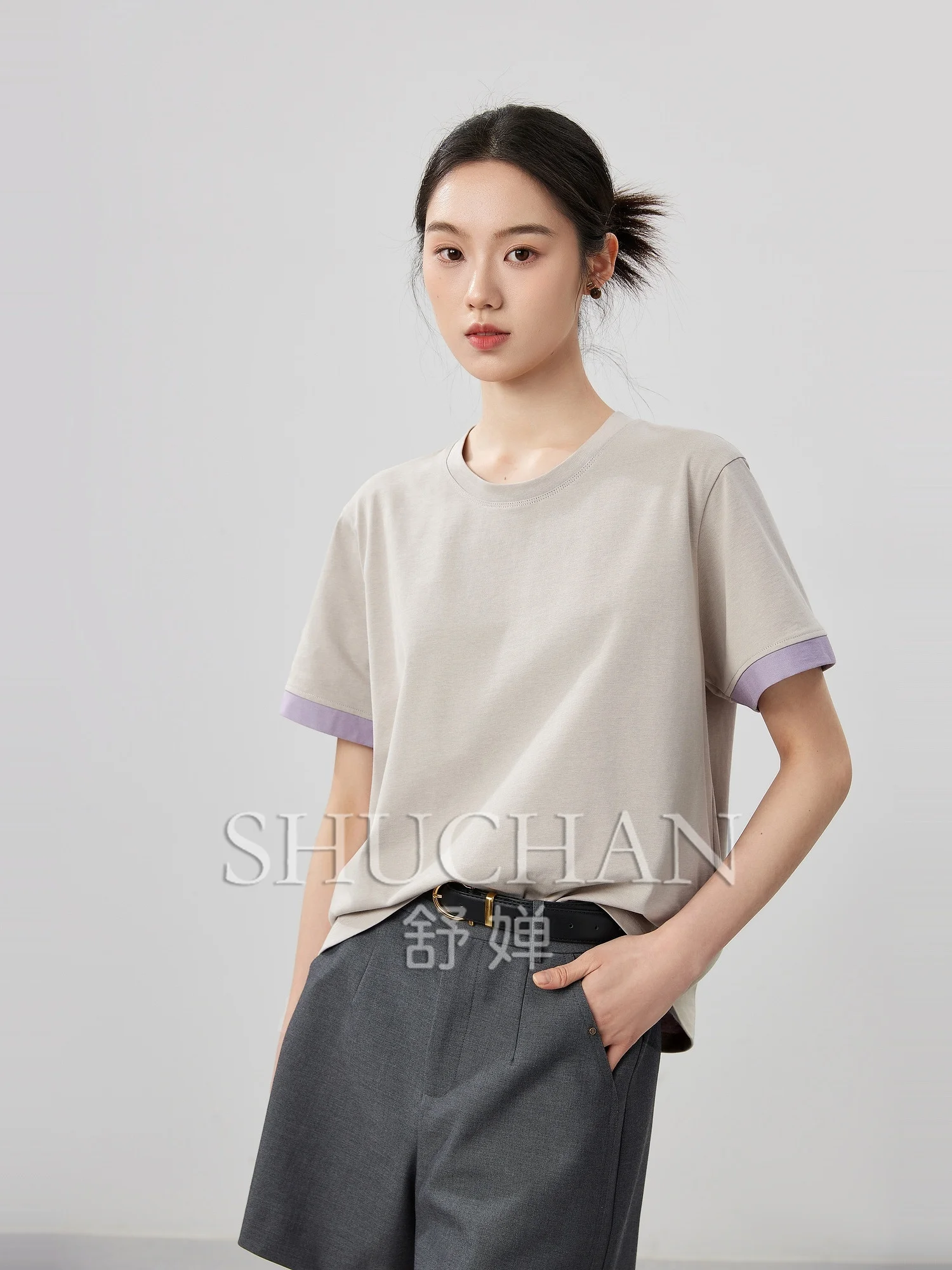 New Two-color Double-sided 1OO% Pure Cotton, Contrasting Color Flanged Short-sleeved Crew Neck T-shirt Women
New Two-color Double-sided 1OO% Pure Cotton, Contrasting Color Flanged Short-sleeved Crew Neck T-shirt Women