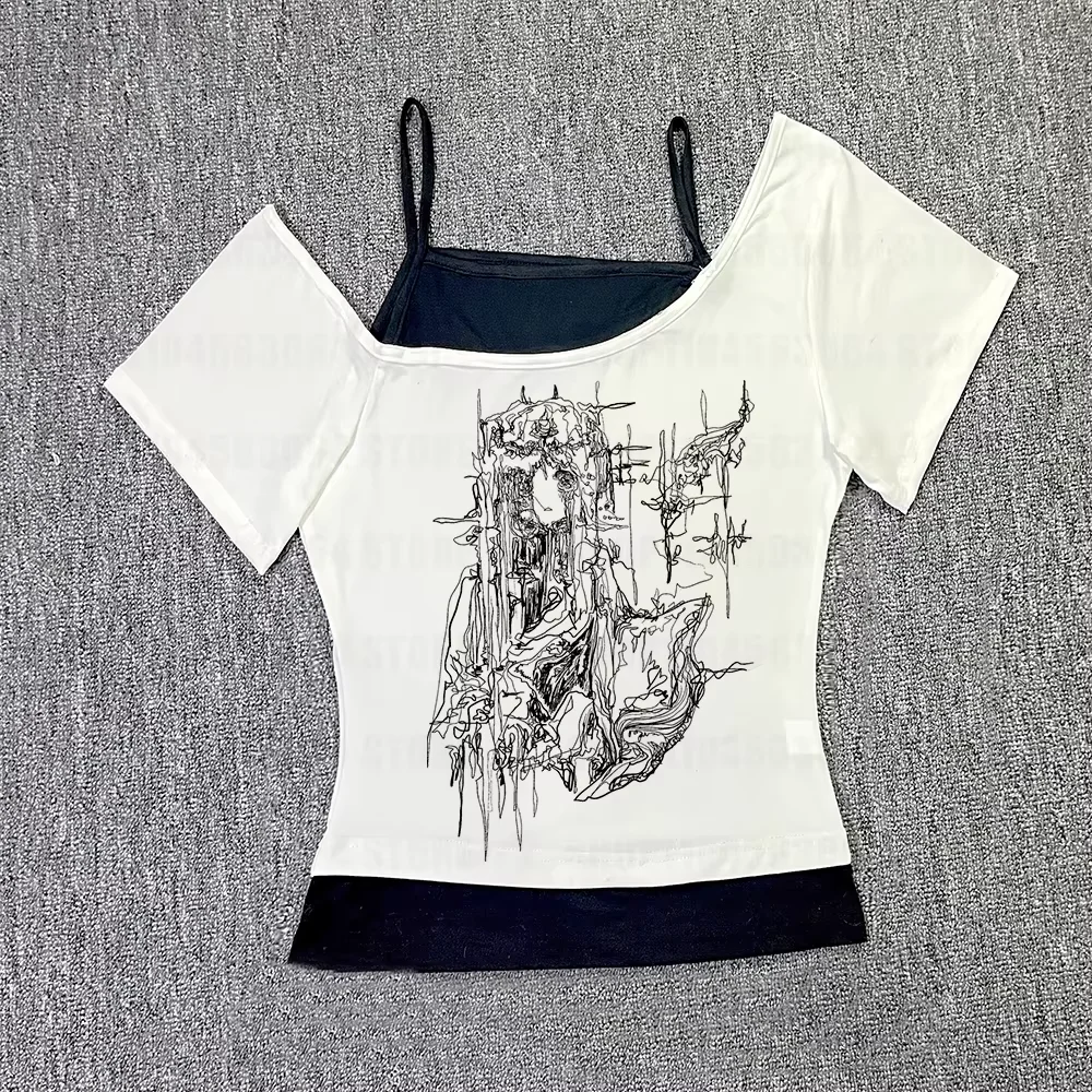 Cross border Y2K style T-shirt for girls with Gothic print pattern, versatile and fake, two pieces for spring and summer
Cross border Y2K style T-shirt for girls with Gothic print pattern, versatile and fake, two pieces for spring and summer