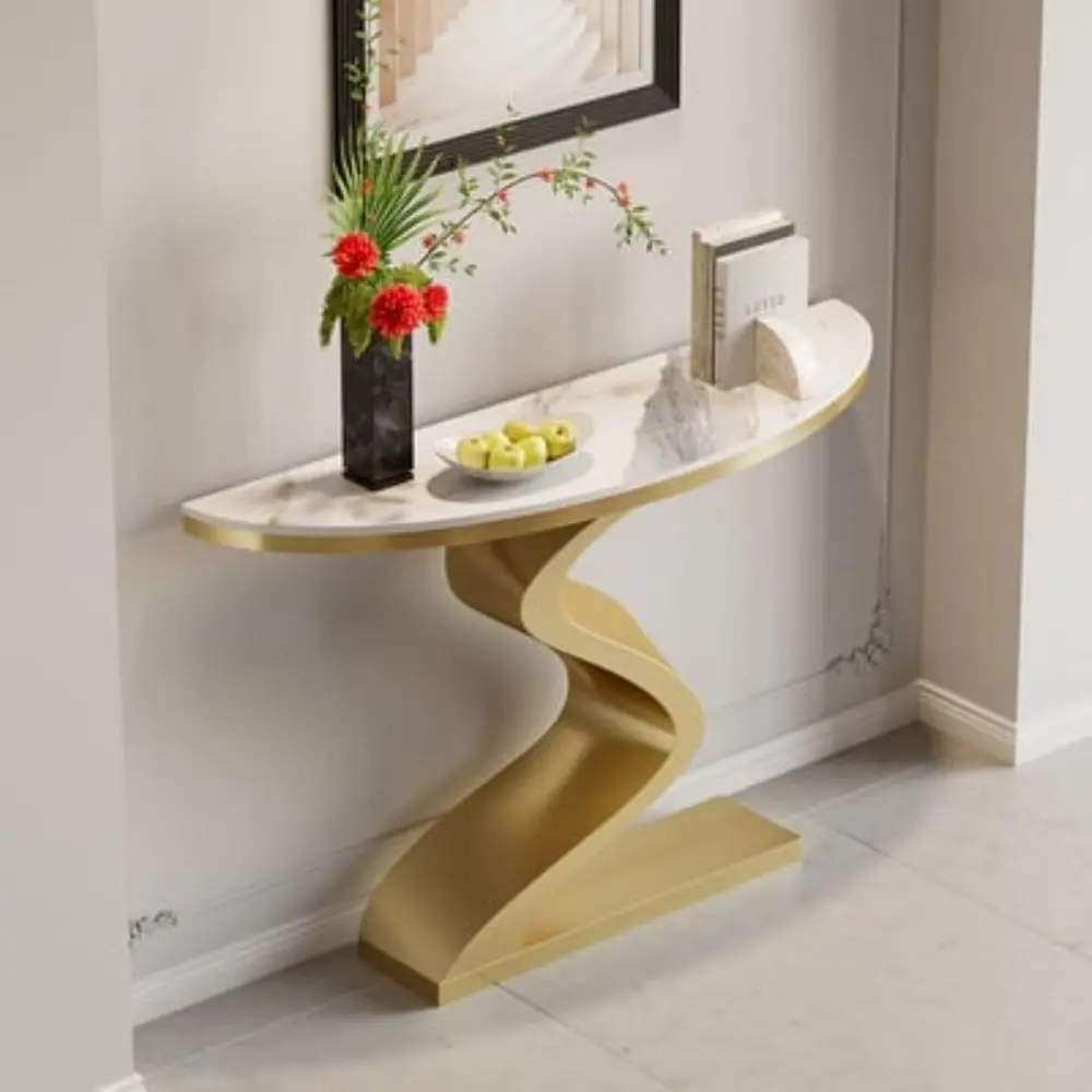 Elegant White and Gold Half-Moon Accent Table with Curved Legs for Entryway, Hall, or Living Room, featuring Sintered Stone Top
Elegant White and Gold Half-Moon Accent Table with Curved Legs for Entryway, Hall, or Living Room, featuring Sintered Stone Top