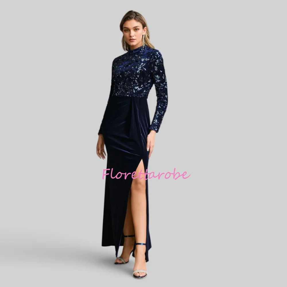 Blue Mother of the Bride Dresses High Collar Long Sleeves Crystal Sequins Split Velour Wedding Guest Dress Customized
Blue Mother of the Bride Dresses High Collar Long Sleeves Crystal Sequins Split Velour Wedding Guest Dress Customized