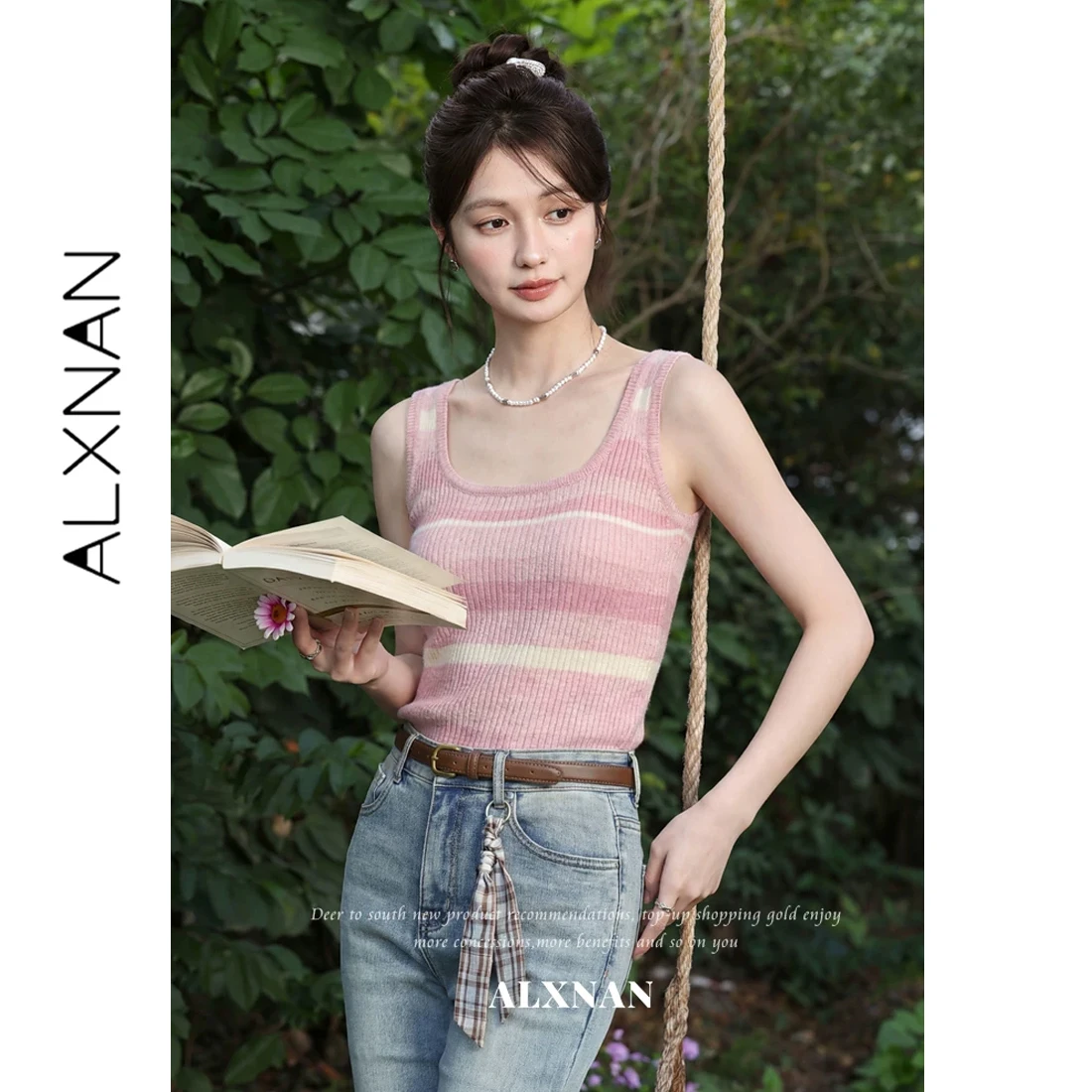 ALXNAN Pink Striped Tank Tops Elegant U-neck Knitted Sleeveless Tops Summer Fashion Casual Slim-fit Vests Female L63863A
ALXNAN Pink Striped Tank Tops Elegant U-neck Knitted Sleeveless Tops Summer Fashion Casual Slim-fit Vests Female L63863A