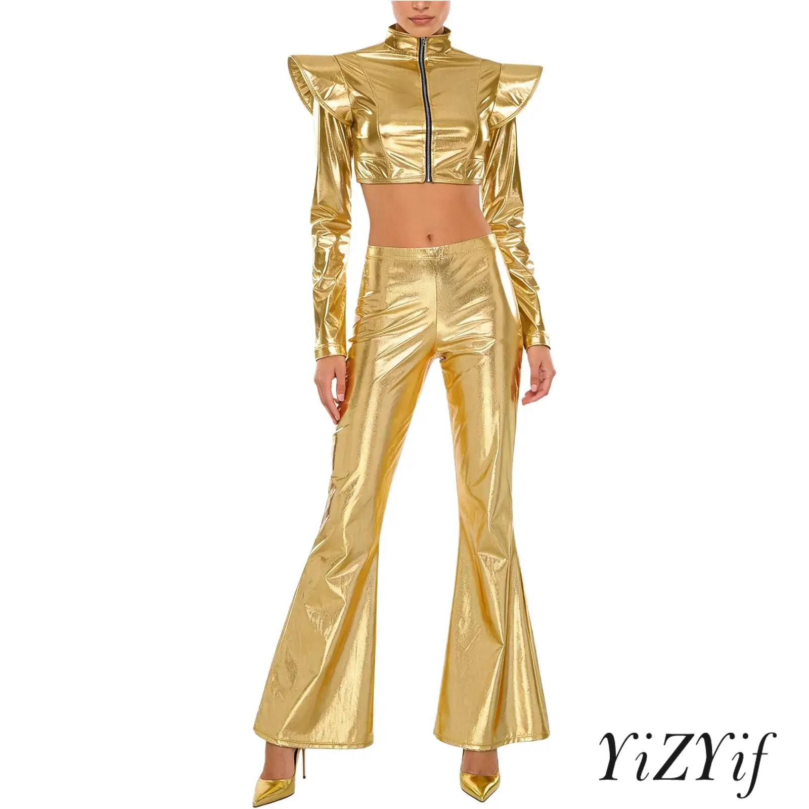 Женский блестящий металлический костюм для дискотеки: укороченный топ с длинными рукавами, воротником-стойкой и молнией спереди, а также расклешенные брюки для Хэллоуина и рок-музыки
Женский блестящий металлический костюм для дискотеки: укороченный топ с длинными рукавами, воротником-стойкой и молнией спереди, а также расклешенные брюки для Хэллоуина и рок-музыки