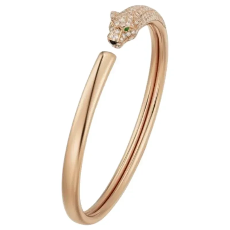 Rose Gold Panther Head Cuff Bracelet with Paved Diamonds & Emerald Eyes
Rose Gold Panther Head Cuff Bracelet with Paved Diamonds & Emerald Eyes