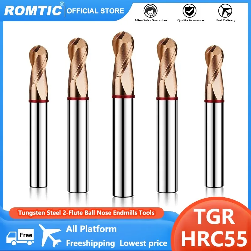 ROMTIC TGR-HRC55 Tungsten Steel Carbide For Steel Milling Cutter 2F Color-Ring Coating CNC Mechanical Ball End Endmills Tools
ROMTIC TGR-HRC55 Tungsten Steel Carbide For Steel Milling Cutter 2F Color-Ring Coating CNC Mechanical Ball End Endmills Tools