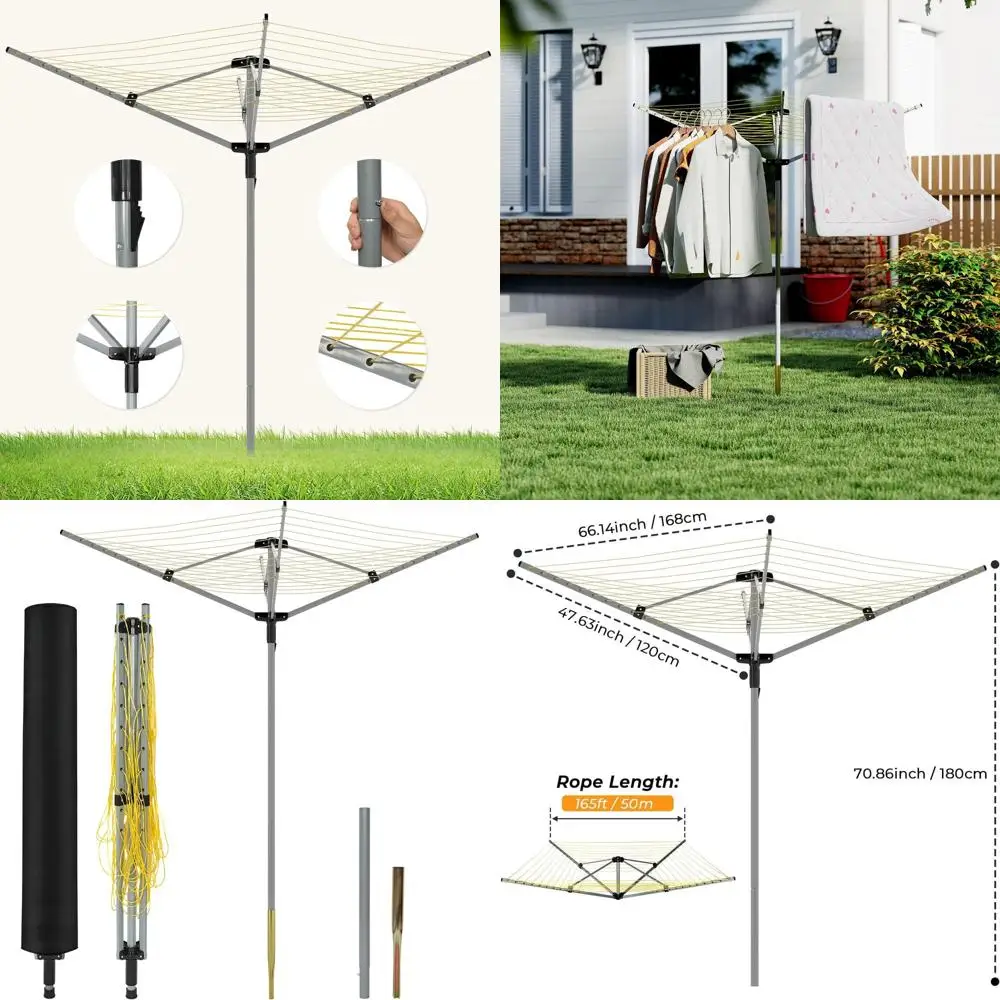 4-Arm Rotating Clothesline Rack, Adjustable Height, 12-Line Drying System with 165ft Line for Outdoor Umbrellas and Laundry
4-Arm Rotating Clothesline Rack, Adjustable Height, 12-Line Drying System with 165ft Line for Outdoor Umbrellas and Laundry