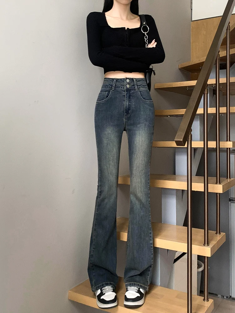 High Waist Cement Grey Double Buckle Bell Bottom Jeans Women's Elastic Slimming Versatile Flared Pants Retro Style Ladies Jeans
High Waist Cement Grey Double Buckle Bell Bottom Jeans Women's Elastic Slimming Versatile Flared Pants Retro Style Ladies Jeans