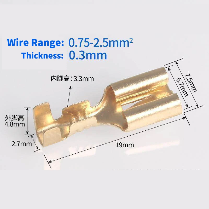 100Pcs 6.3mm Male Spade Crimp Terminals Flat Quick Disconnect with Barb Hook Brass Electrical Wire Connectors Plug Ins Tab
100Pcs 6.3mm Male Spade Crimp Terminals Flat Quick Disconnect with Barb Hook Brass Electrical Wire Connectors Plug Ins Tab