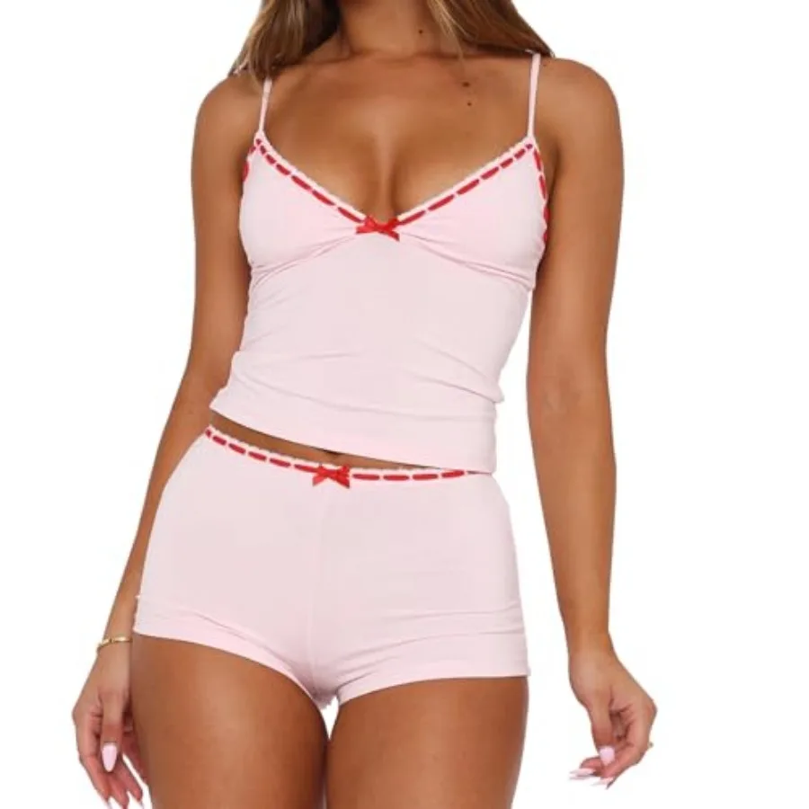 RUEWEY Women 2 Pieces Pajamas Set Bow Loungewear V-Neck Sleeveless Cami Tops and Shorts Sleepwear Outfits
RUEWEY Women 2 Pieces Pajamas Set Bow Loungewear V-Neck Sleeveless Cami Tops and Shorts Sleepwear Outfits