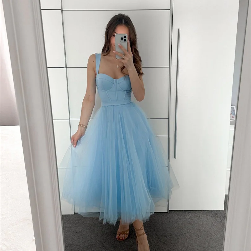 Tulle Tea-Length Prom Dresses High Quality Sweetheart Spaghetti Straps Party & Vacation Wear Elegant Plain A-line Evening Gowns
Tulle Tea-Length Prom Dresses High Quality Sweetheart Spaghetti Straps Party & Vacation Wear Elegant Plain A-line Evening Gowns