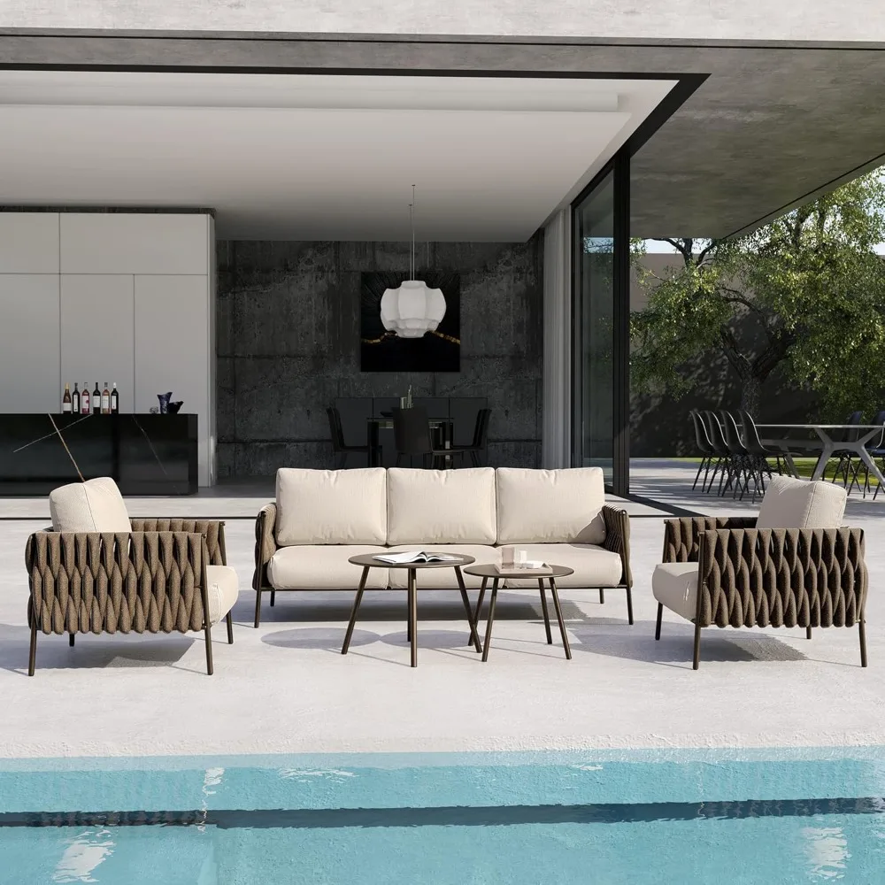 Patio Furniture Set 5 Pieces, Outdoor Furniture 5-Seat Sofa with Two Round Coffee Table, Waterproof Thick Cushion Deep Seating 
Patio Furniture Set 5 Pieces, Outdoor Furniture 5-Seat Sofa with Two Round Coffee Table, Waterproof Thick Cushion Deep Seating