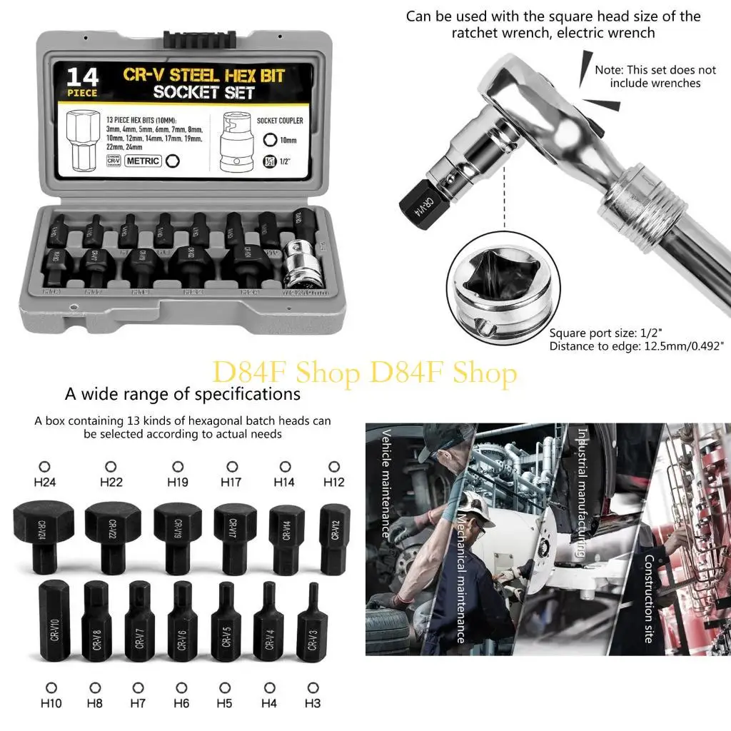 D84F 1/2-Inch Drive Impact Socket Set, 14 Pieces,Hexagon Drive Bits Inch Socket Set Allen Bit In Case 3-24mm 
D84F 1/2-Inch Drive Impact Socket Set, 14 Pieces,Hexagon Drive Bits Inch Socket Set Allen Bit In Case 3-24mm