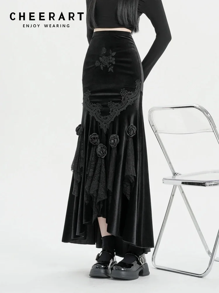 CHEERART Gothic Lolita Black Velvet Skirts Women High Waist Mermaid Embroidery Winter Long Midi Skirt Goth Clothes
CHEERART Gothic Lolita Black Velvet Skirts Women High Waist Mermaid Embroidery Winter Long Midi Skirt Goth Clothes