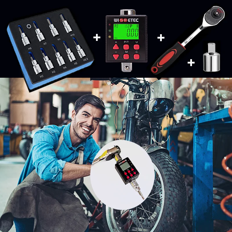 Motorcycle Repair Tool Set:Digital Torque Meter 0.6-340 N.m 3/8 Inch Hex Bit Socket Set 1/2 Inch Ratchet Handle 1/2~3/8 Adapter
Motorcycle Repair Tool Set:Digital Torque Meter 0.6-340 N.m 3/8 Inch Hex Bit Socket Set 1/2 Inch Ratchet Handle 1/2~3/8 Adapter