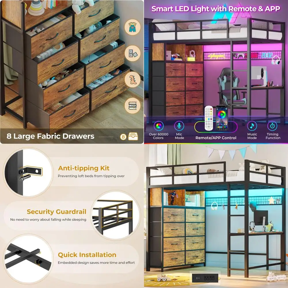 Twin Size Metal Loft Bed with Desk, Storage Drawers, LED Lights, Charging Station, and Safety Ladder in Rustic Brown
Twin Size Metal Loft Bed with Desk, Storage Drawers, LED Lights, Charging Station, and Safety Ladder in Rustic Brown
