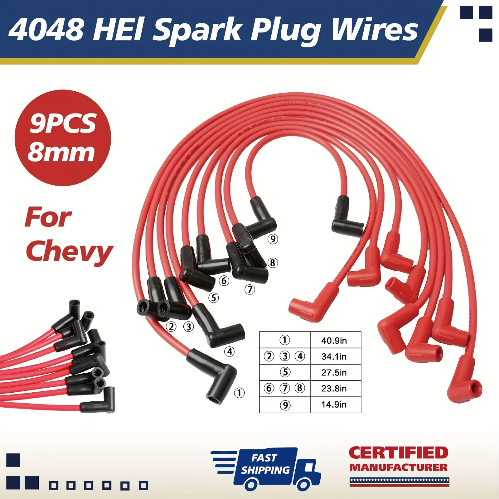 Set of 9pcs of 8Mm Spark Plug Wires in Red, Designed for HEI Super Stock Ignition, Suitable for GM Engines from 1974 to 1988 with 1.32gal, 1.51gal, And 1.74gal Capacities, As Well As Small Block Chevy Models 283, 307, 327, 350, And 400.
Set of 9pcs of 8Mm Spark Plug Wires in Red, Designed for HEI Super Stock Ignition, Suitable for GM Engines from 1974 to 1988 with 1.32gal, 1.51gal, And 1.74gal Capacities, As Well As Small Block Chevy Models 283, 307, 327, 350, And 400.