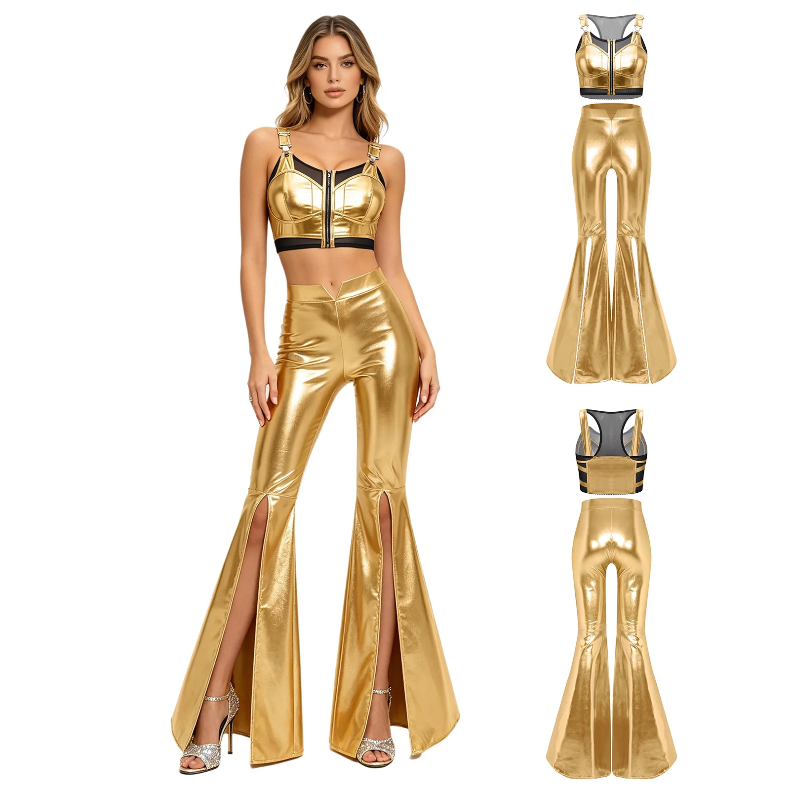 Women 70s Disco Jazz Dance Performance Outfit Clubwear Metallic Shiny Sheer Mesh Adjustable Straps Vest with Flared Pants Set
Women 70s Disco Jazz Dance Performance Outfit Clubwear Metallic Shiny Sheer Mesh Adjustable Straps Vest with Flared Pants Set