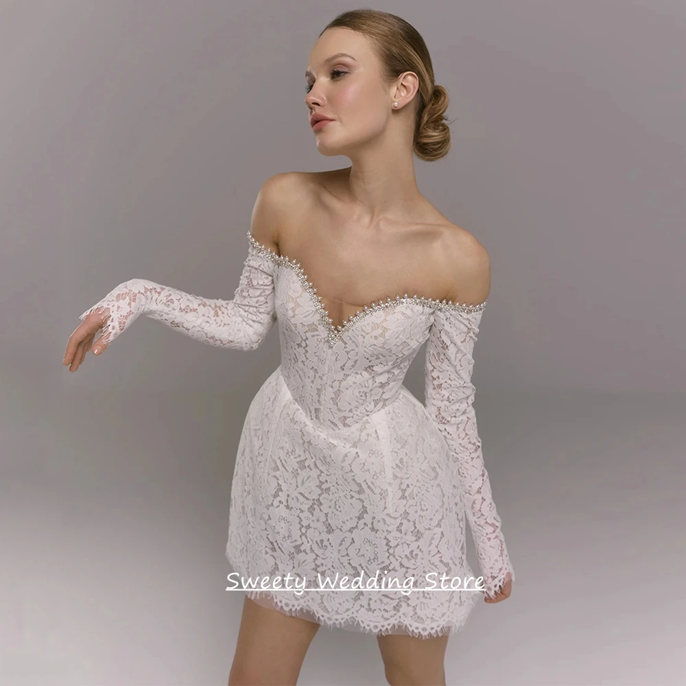 Customized Short Lace Wedding Dress Sexy V Neck Long Sleeves Beading Pearls A Line Mini Bridal Gown Little White Dresses
Customized Short Lace Wedding Dress Sexy V Neck Long Sleeves Beading Pearls A Line Mini Bridal Gown Little White Dresses