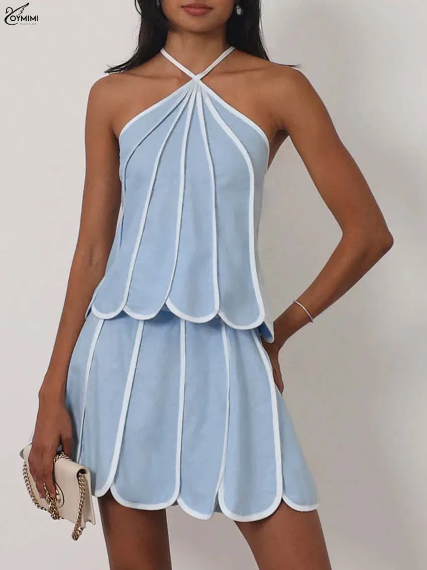 Oymimi Fashion Blue White Two Piece Outfits Woman Casual Halter Neck Sleeveless Slim Tops And High Waist Pleated Mini Skirts Set
Oymimi Fashion Blue White Two Piece Outfits Woman Casual Halter Neck Sleeveless Slim Tops And High Waist Pleated Mini Skirts Set