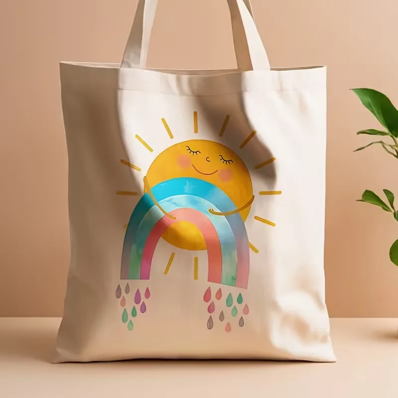 Cute Smiling Sun Rainbow Canvas Tote Bag Cartoon Pastel Raindrop Print Reusable Shoulder Handbag Kawaii Style Casual Tote Bag
Cute Smiling Sun Rainbow Canvas Tote Bag Cartoon Pastel Raindrop Print Reusable Shoulder Handbag Kawaii Style Casual Tote Bag