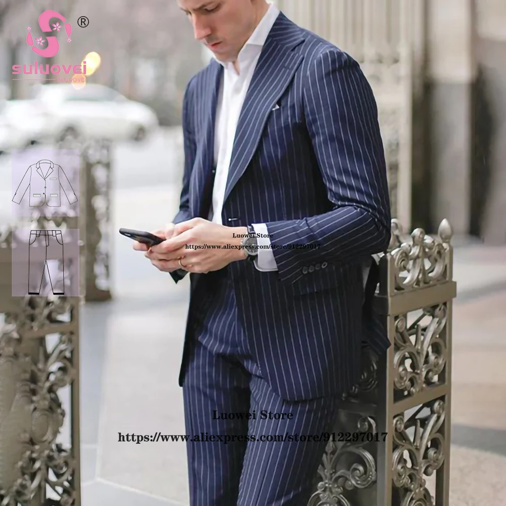 Fashion Navy Blue Striped Suits For Men Slim Fit 2 Piece Pants Set Formal Groom Wedding Notch Lapel Tuxedos Male Business Blazer
Fashion Navy Blue Striped Suits For Men Slim Fit 2 Piece Pants Set Formal Groom Wedding Notch Lapel Tuxedos Male Business Blazer