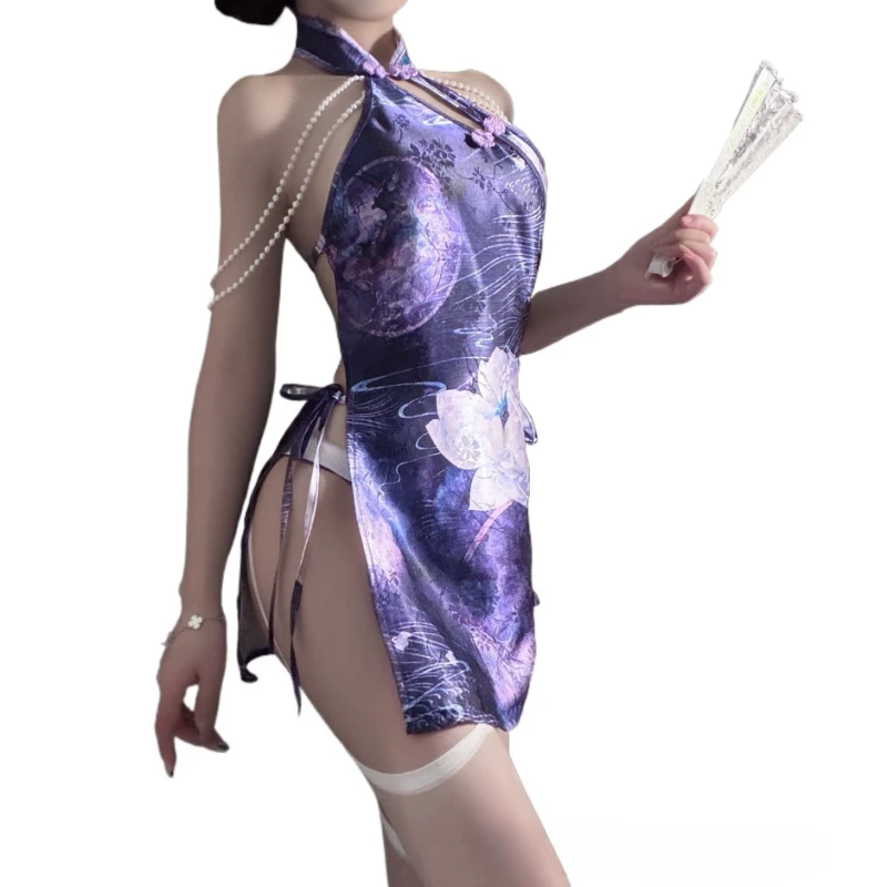 Китайское традиционное платье-ципао в стиле чонсам для женщин, сексуальное нижнее белье, с жемчужным ремешком на шее, разрезом и открытыми плечами, экзотический костюм
Китайское традиционное платье-ципао в стиле чонсам для женщин, сексуальное нижнее белье, с жемчужным ремешком на шее, разрезом и открытыми плечами, экзотический костюм