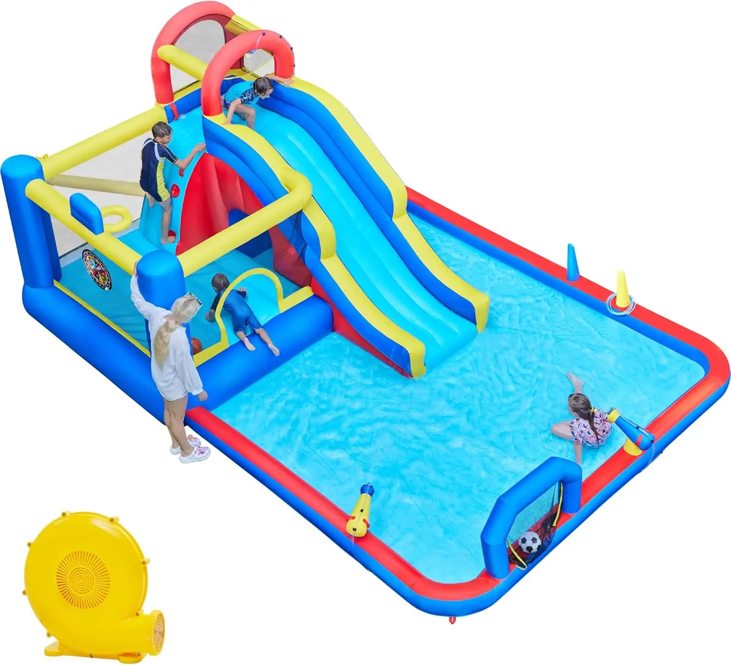 10-in-1 Inflatable Bounce House with Slide and Splash Pool for Kids Ages 3-10, Includes Water Slide, Bouncer, Large Splash Pool, Storage Bag, and 650W Blower
10-in-1 Inflatable Bounce House with Slide and Splash Pool for Kids Ages 3-10, Includes Water Slide, Bouncer, Large Splash Pool, Storage Bag, and 650W Blower