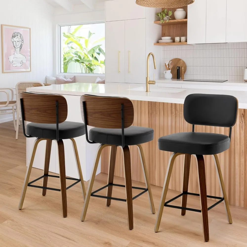 Swivel Counter Height Bar Stools Set of 3, 26" Upholstered Faux Leather Barstools with Back and Bent Wood Legs, Mid Century Mode
Swivel Counter Height Bar Stools Set of 3, 26" Upholstered Faux Leather Barstools with Back and Bent Wood Legs, Mid Century Mode