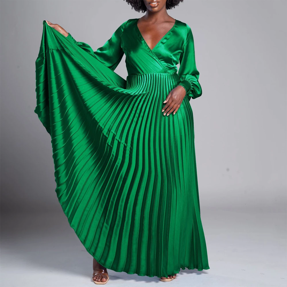 Elegant Pleated Dresses for Women V Neck Full Sleeve Belt Waisted Ankle Length Luxury Female Birthday Party Dinner Vestidos Robe
Elegant Pleated Dresses for Women V Neck Full Sleeve Belt Waisted Ankle Length Luxury Female Birthday Party Dinner Vestidos Robe