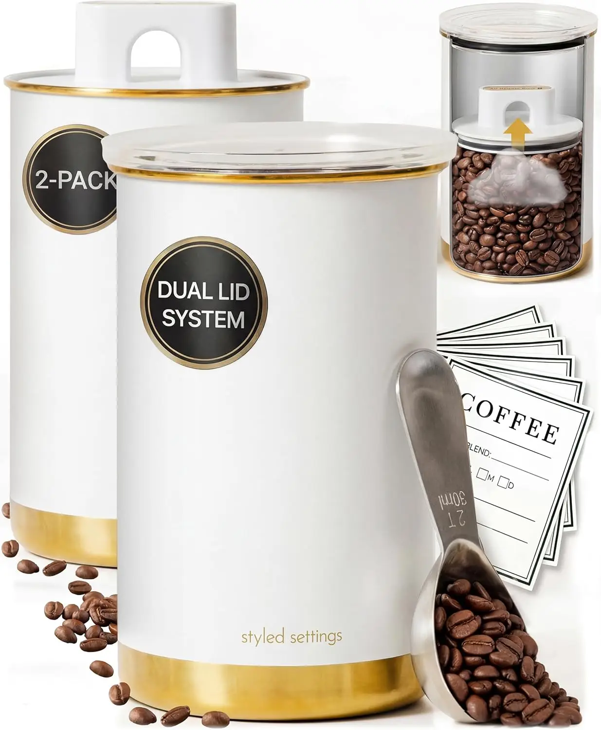 2-Piece Airtight Coffee Canister Set with Vacuum Seal Lids, Stainless Steel Storage for Beans or Grounds, White and Gold, Includes Scoop and Labels
2-Piece Airtight Coffee Canister Set with Vacuum Seal Lids, Stainless Steel Storage for Beans or Grounds, White and Gold, Includes Scoop and Labels