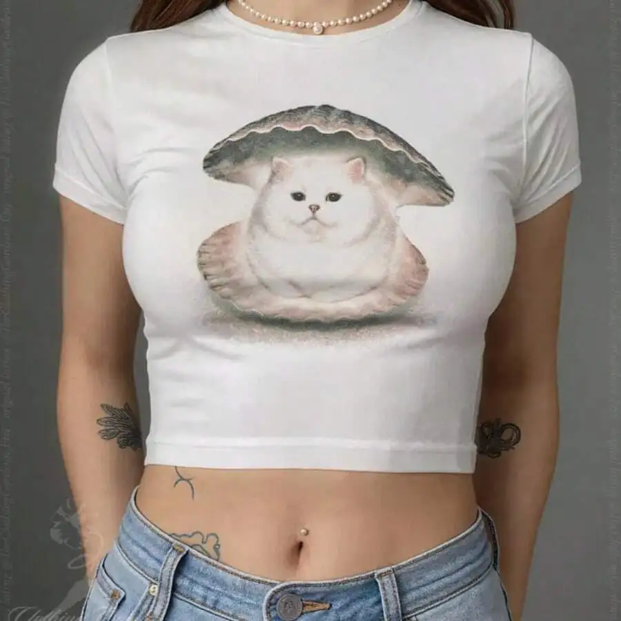 Cat In Seashell Print Crop Top Women Short Sleeve T-Shirt
Cat In Seashell Print Crop Top Women Short Sleeve T-Shirt