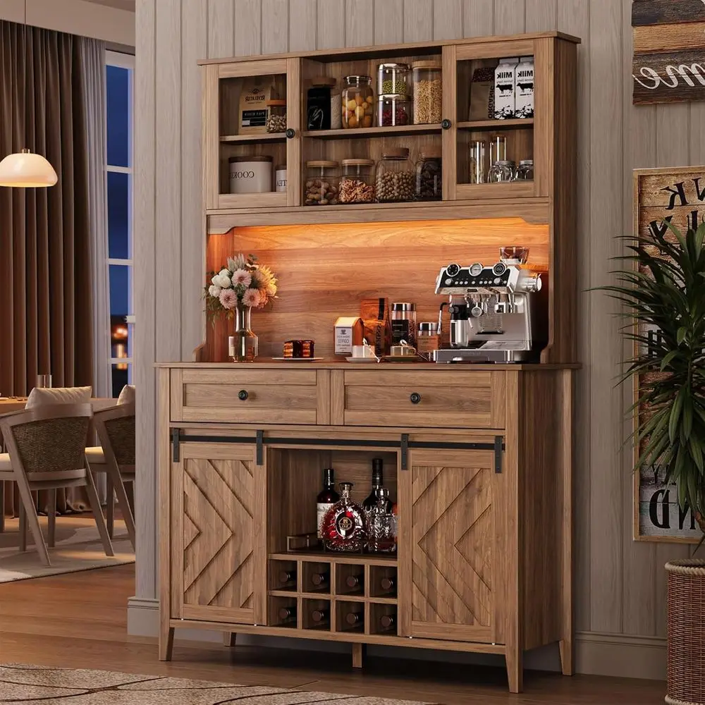 72 Sliding Barn Door Cabinet with High Bar, Large Kitchen Buffet Hutch, Wine Rack, Charging Station, 2 Drawers, 8 Shelves, LED L
72 Sliding Barn Door Cabinet with High Bar, Large Kitchen Buffet Hutch, Wine Rack, Charging Station, 2 Drawers, 8 Shelves, LED L