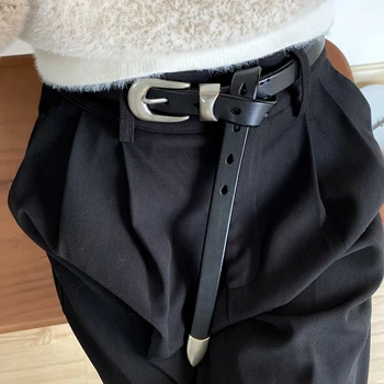 여성용 WESTERN 슬림 핀 버클 가죽 벨트, 블랙 2 cm 벨트