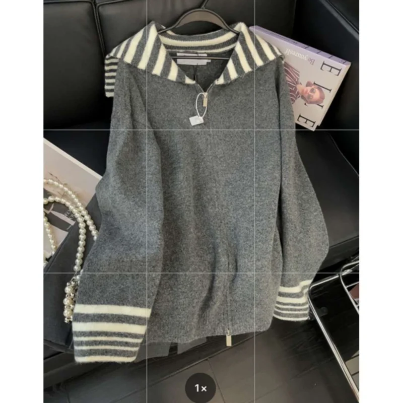 Designed Navy Collar Striped Gray Sweater Jacket for Women Autumn New Loose Fashion Lazy Versatile Top
Designed Navy Collar Striped Gray Sweater Jacket for Women Autumn New Loose Fashion Lazy Versatile Top