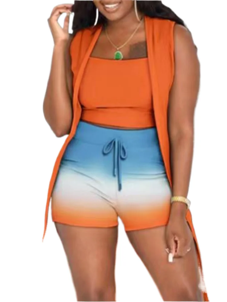 Gradient Print Three Piece Set Women Sleeveless Long Coat Camisole High Waist Leace-up Shorts 3 Piece Sets Fashion Streetwear
Gradient Print Three Piece Set Women Sleeveless Long Coat Camisole High Waist Leace-up Shorts 3 Piece Sets Fashion Streetwear