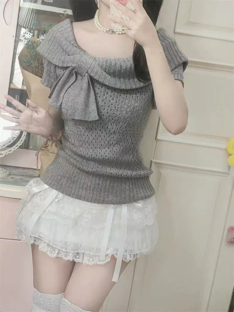 Spring Sweet Bow Knit Pullovers Women New French Retro Slim Short Sleeve Tops New Fashion Casual Elegant Knitting Clothes 2025
Spring Sweet Bow Knit Pullovers Women New French Retro Slim Short Sleeve Tops New Fashion Casual Elegant Knitting Clothes 2025