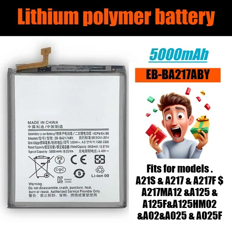 3,8 В 5000 мАч EB-BA217ABY Аккумулятор для мобильного телефона Samsung A21s/A02/A217/A12/A125/M02
3,8 В 5000 мАч EB-BA217ABY Аккумулятор для мобильного телефона Samsung A21s/A02/A217/A12/A125/M02