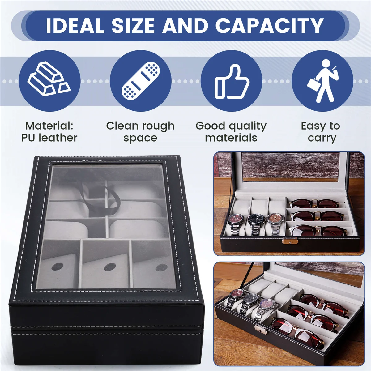 ELBA_2 in 1 Eyeglass Sunglass Storage Box PU Leather 6 Slot Glasses Storage and 3 Slot Watches Dustproof Storage Organizer
ELBA_2 in 1 Eyeglass Sunglass Storage Box PU Leather 6 Slot Glasses Storage and 3 Slot Watches Dustproof Storage Organizer