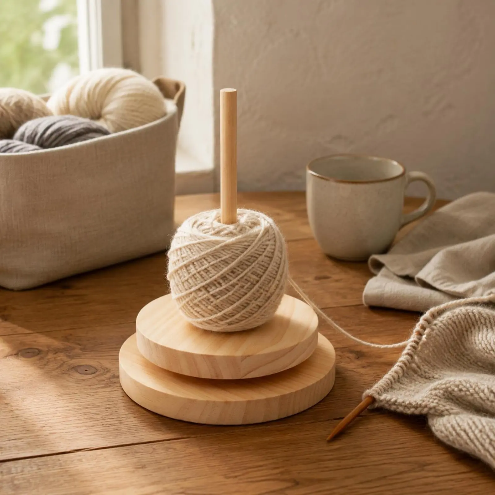 Wooden Yarn Spool Stand Smooth Rotation Rotating Yarn Spindle Spindle Stand Stable Base Needlework Supply Long-Lasting