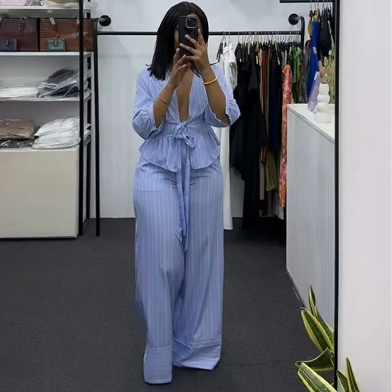 Sweet V-Neck Striped Belted Shirt Wide Leg Pants Set Autumn New Style Women's Fashion Two-Piece Suit European Style Cardigan
Sweet V-Neck Striped Belted Shirt Wide Leg Pants Set Autumn New Style Women's Fashion Two-Piece Suit European Style Cardigan