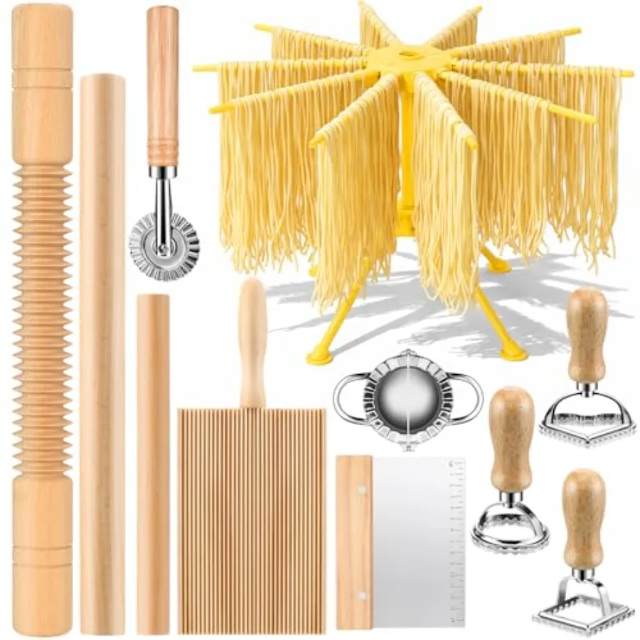 11 Pcs Pasta Making Tools Kit - Pasta Drying Rack, Gnocchi Board, Pasta Cutter, Ravioli Stamps, Wood Threaded Pasta Roller Pin
11 Pcs Pasta Making Tools Kit - Pasta Drying Rack, Gnocchi Board, Pasta Cutter, Ravioli Stamps, Wood Threaded Pasta Roller Pin