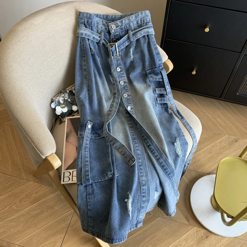 Vintage Blue High Waist Women Hole Ripped Denim Skirt Spring Summer Single-breasted Mid-Length Split Jean Skirt With Belt
Vintage Blue High Waist Women Hole Ripped Denim Skirt Spring Summer Single-breasted Mid-Length Split Jean Skirt With Belt
